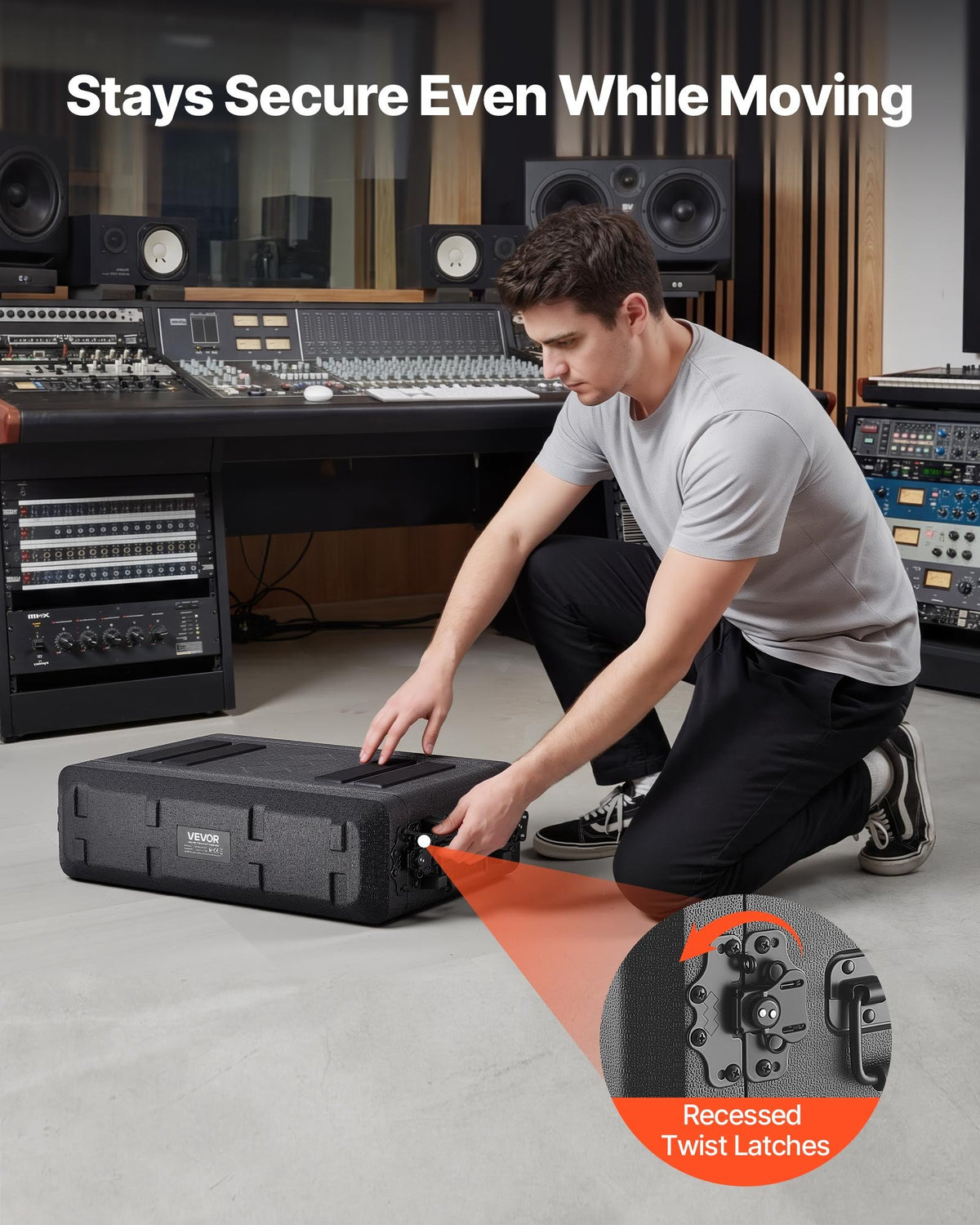 2U Rack Case, 260 mm Depth, Rackmount Flight Case Shallow Rack with Microphone Compartments, Polyethylene Construction, Recessed Twist Latches, Easy Installation, for Amplifier, Audio, DJ Mixer