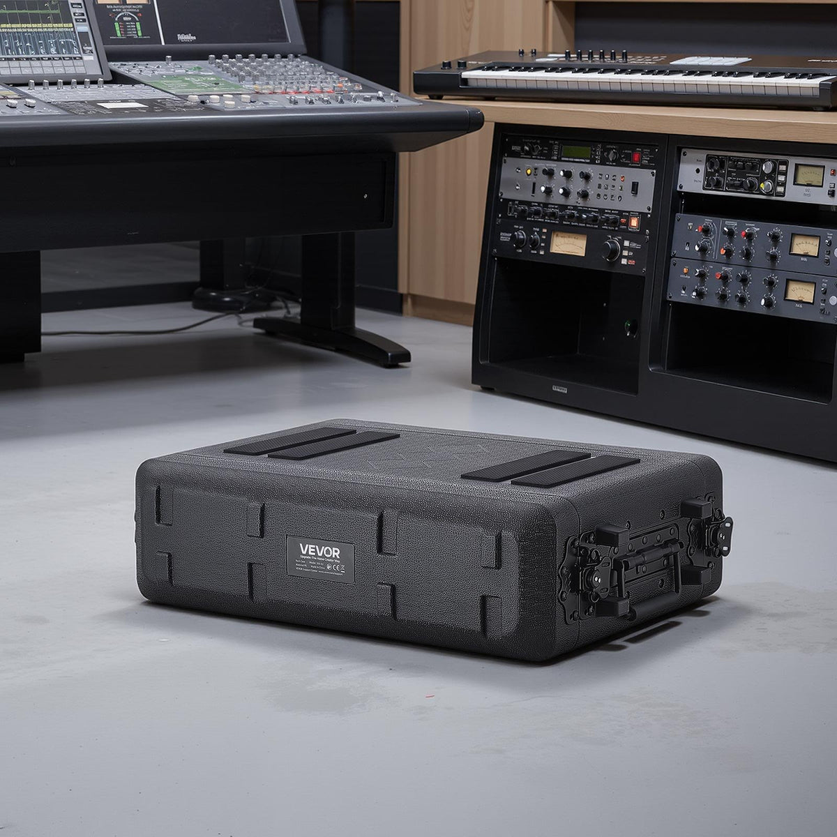 2U Rack Case, 260 mm Depth, Rackmount Flight Case Shallow Rack with Microphone Compartments, Polyethylene Construction, Recessed Twist Latches, Easy Installation, for Amplifier, Audio, DJ Mixer