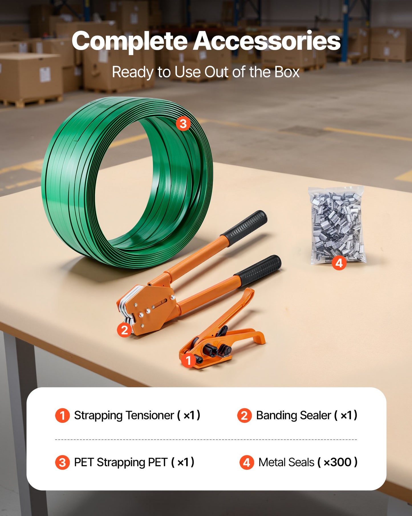 Banding Strapping Kit, Heavy Duty Banding Sealer Tool with 305 m Length PET Band, 300 Metal Seals, Plastic Manual Pallet Packaging Strapping Kit for Warehouse/Shipping/Moving/Home, Orange