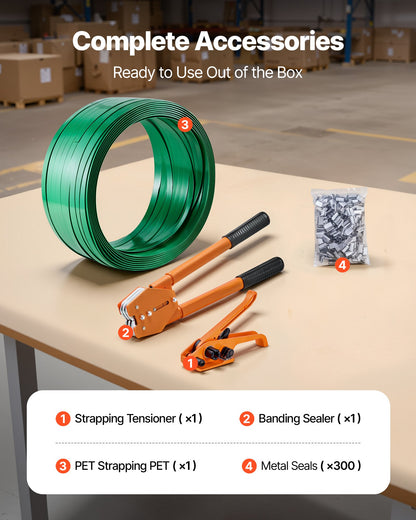 Banding Strapping Kit, Heavy Duty Banding Sealer Tool with 305 m Length PET Band, 300 Metal Seals, Plastic Manual Pallet Packaging Strapping Kit for Warehouse/Shipping/Moving/Home, Orange