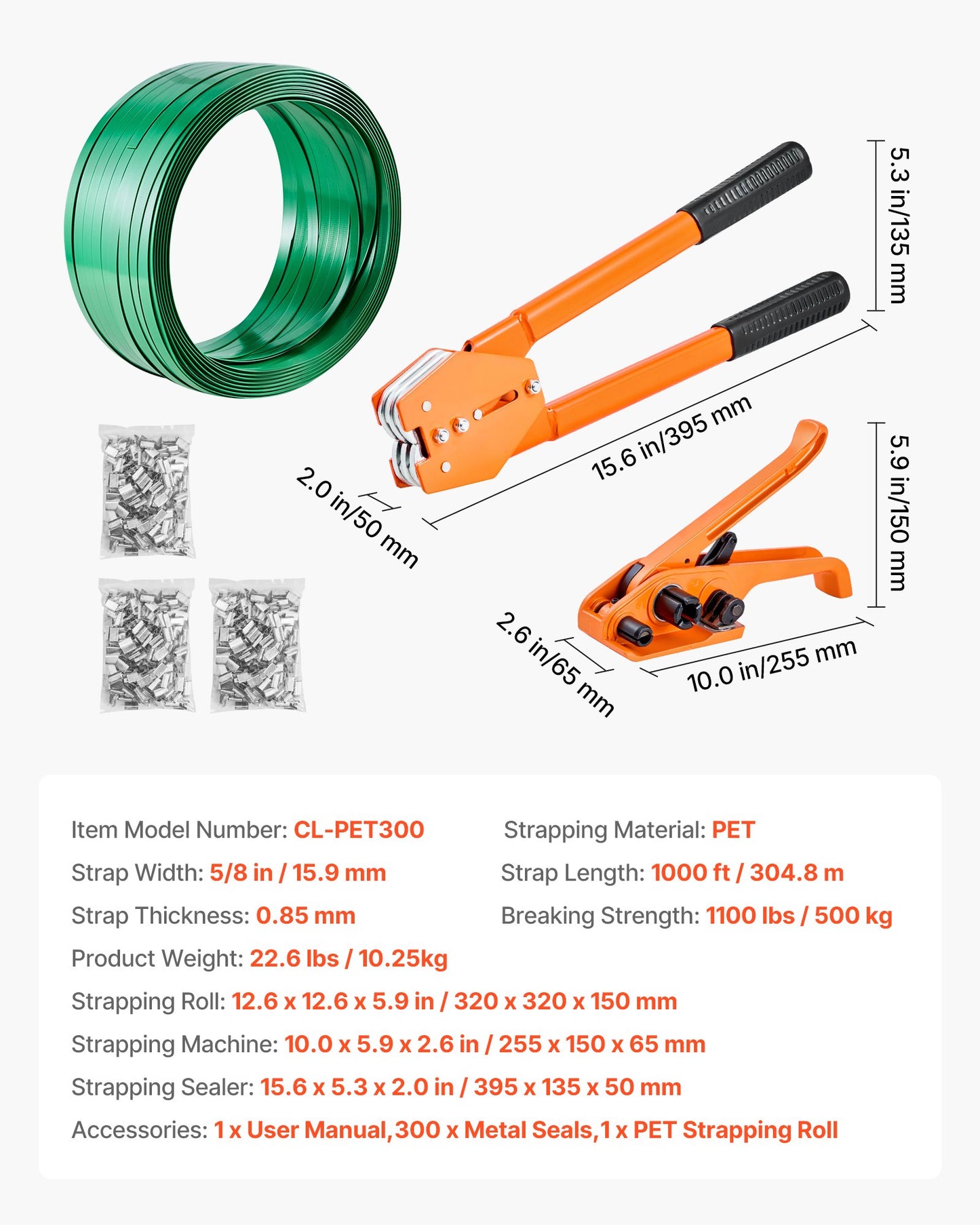 Banding Strapping Kit, Heavy Duty Banding Sealer Tool with 305 m Length PET Band, 300 Metal Seals, Plastic Manual Pallet Packaging Strapping Kit for Warehouse/Shipping/Moving/Home, Orange