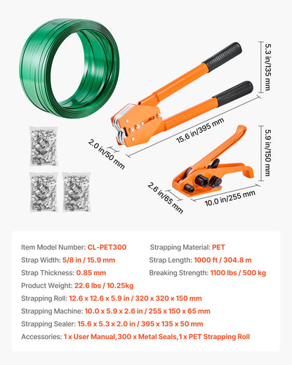 Banding Strapping Kit, Heavy Duty Banding Sealer Tool with 305 m Length PET Band, 300 Metal Seals, Plastic Manual Pallet Packaging Strapping Kit for Warehouse/Shipping/Moving/Home, Orange