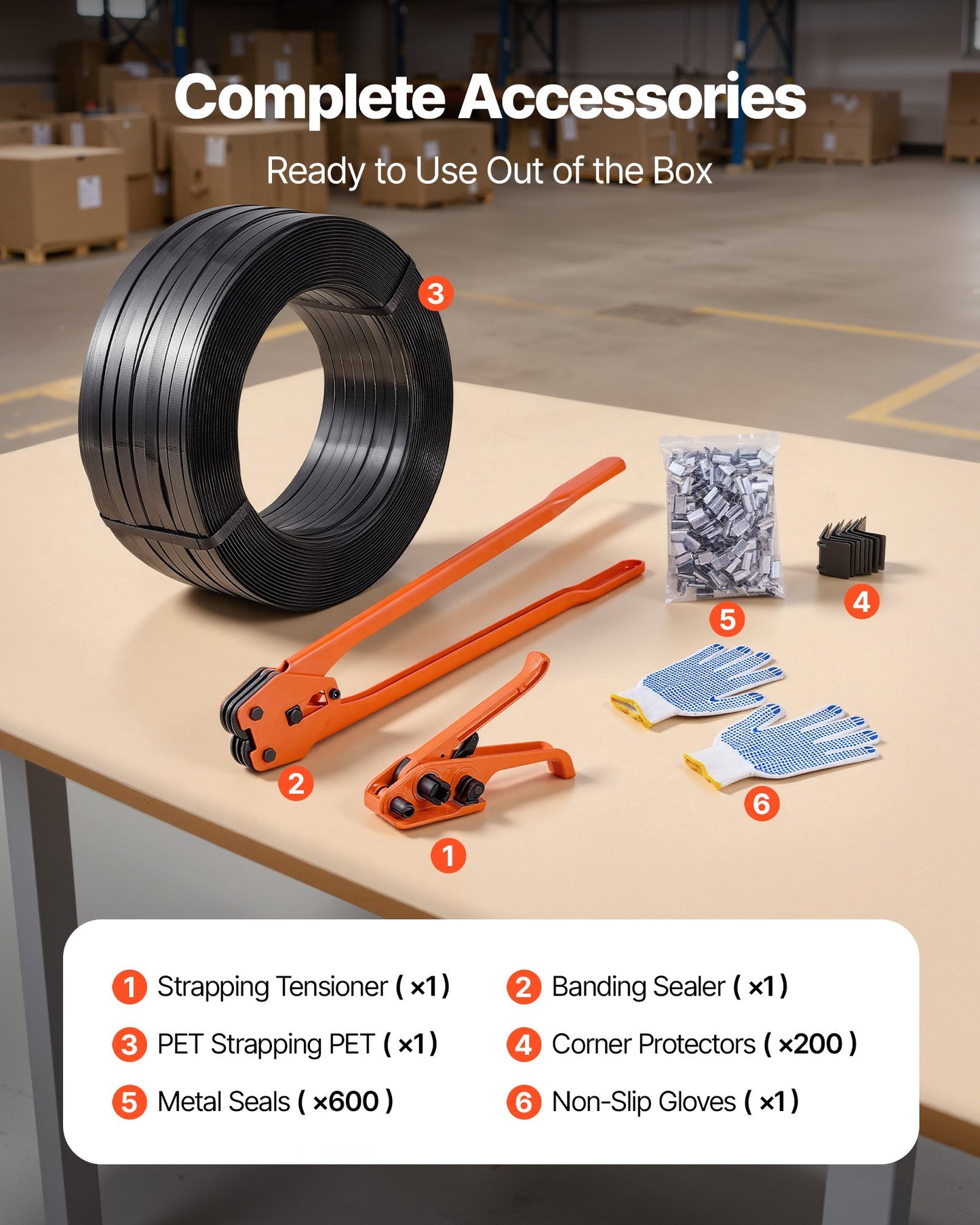 Banding Strapping Kit, Heavy Duty Banding Sealer Tool with 610 m PET Band, 600 Metal Seals, 200 Corner Protectors, Plastic Pallet Packaging Strapping Kit for Warehouse, Transportation, Home