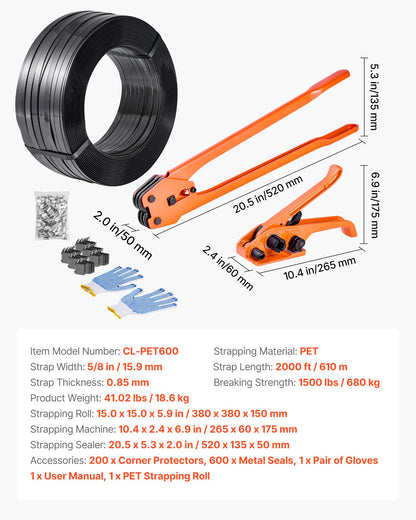 Banding Strapping Kit, Heavy Duty Banding Sealer Tool with 610 m PET Band, 600 Metal Seals, 200 Corner Protectors, Plastic Pallet Packaging Strapping Kit for Warehouse, Transportation, Home