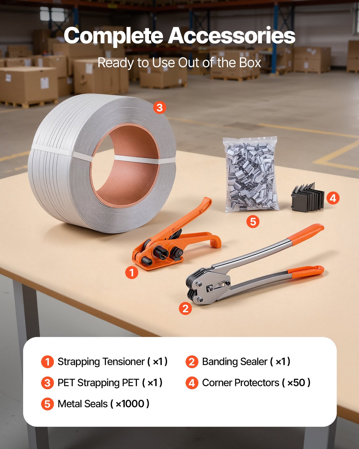 Banding Strapping Kit, Heavy Duty Banding Sealer Tool with 975 m Length PP Band, 1000 Metal Seals, 50 Corner Protectors, Plastic Pallet Packaging Strapping Kit for Warehouse/Shipping/Moving