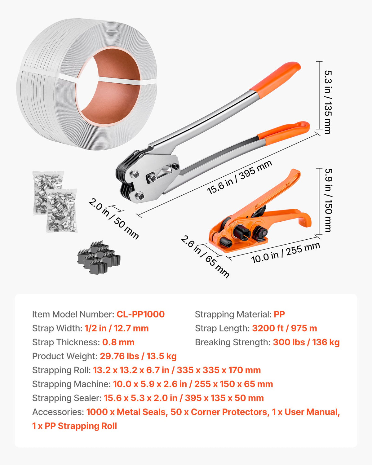 Banding Strapping Kit, Heavy Duty Banding Sealer Tool with 975 m Length PP Band, 1000 Metal Seals, 50 Corner Protectors, Plastic Pallet Packaging Strapping Kit for Warehouse/Shipping/Moving