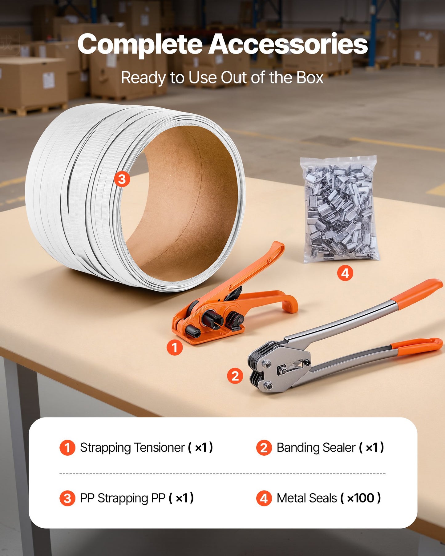 Banding Strapping Kit, Heavy Duty Banding Sealer Tool with 100 m Length PP Band, 100 Metal Seals, Plastic Manual Pallet Packaging Strapping Kit for Warehouse/Shipping/Moving/Home, Orange