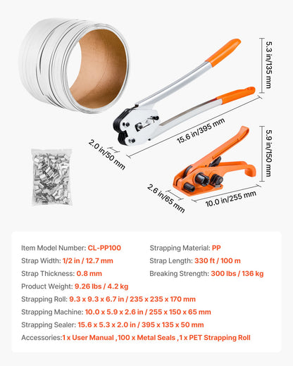 Banding Strapping Kit, Heavy Duty Banding Sealer Tool with 100 m Length PP Band, 100 Metal Seals, Plastic Manual Pallet Packaging Strapping Kit for Warehouse/Shipping/Moving/Home, Orange