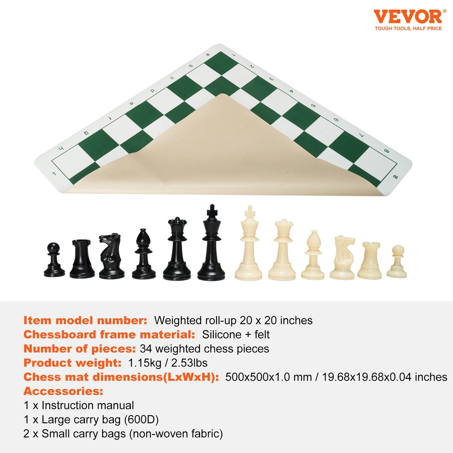 VEVOR Tournament Chess Set, Roll-Up Beginner Chess Board, Foldable Silicone Chess