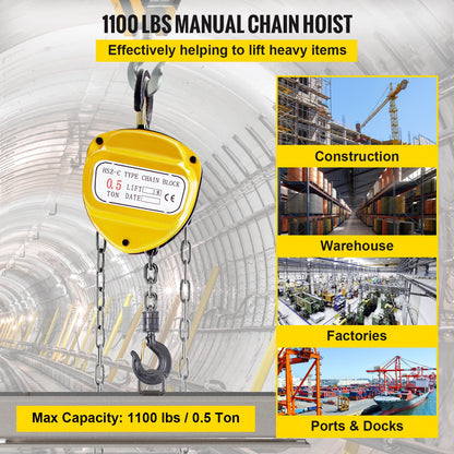 VEVOR Chain Hoist 1100lbs/0.5ton, Chain Block Hoist Manual Chain Hoist 10ft/3m Block