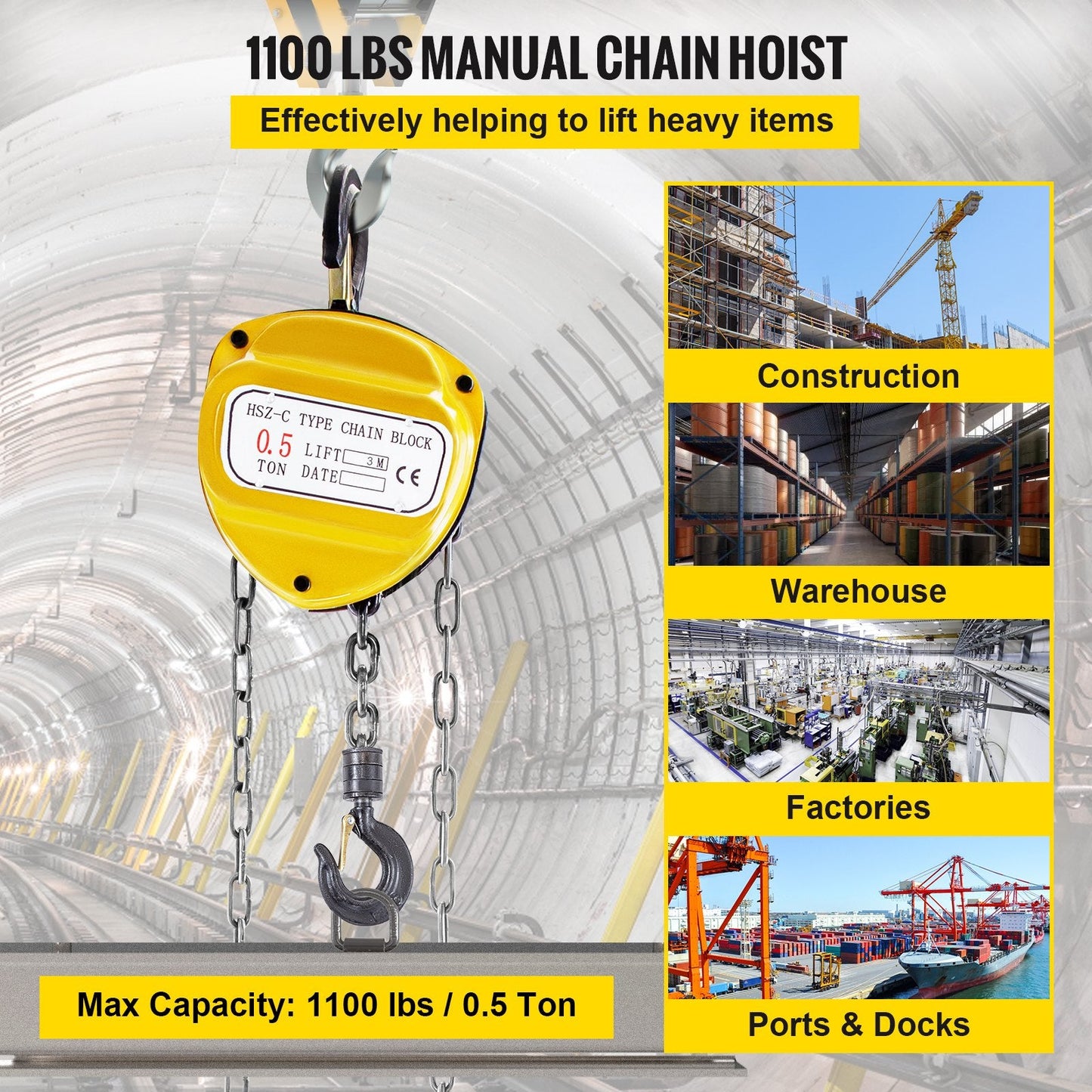 Manual Chain Hoist, 0.5 Ton Capacity, 3m Lift Height, Yellow, 360° Rotation