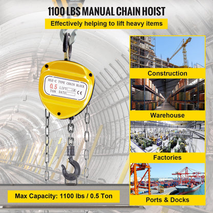 Manual Chain Hoist, 0.5 Ton Capacity, 3m Lift Height, Yellow, 360° Rotation