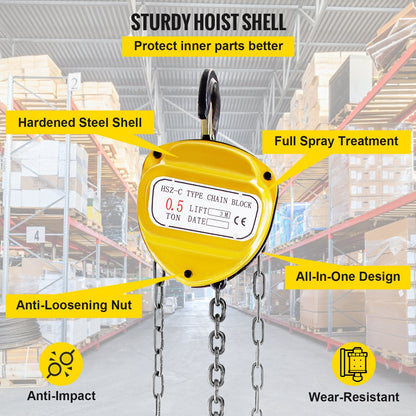 Manual Chain Hoist, 0.5 Ton Capacity, 3m Lift Height, Yellow, 360° Rotation