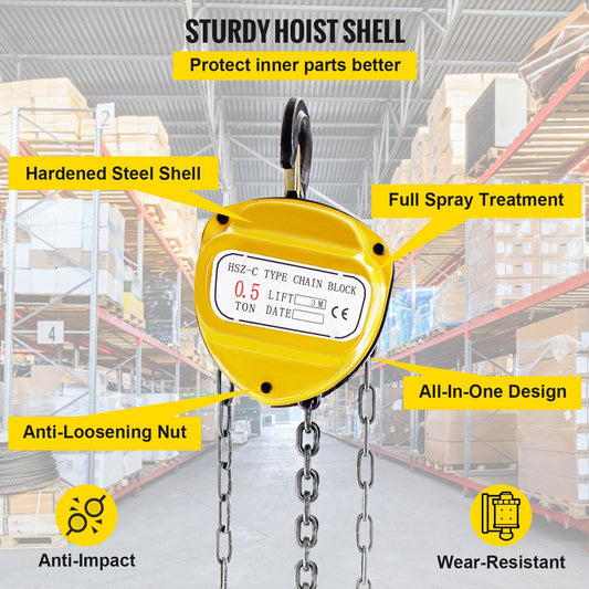Manual Chain Hoist, 0.5 Ton Capacity, 3m Lift Height, Yellow, 360° Rotation