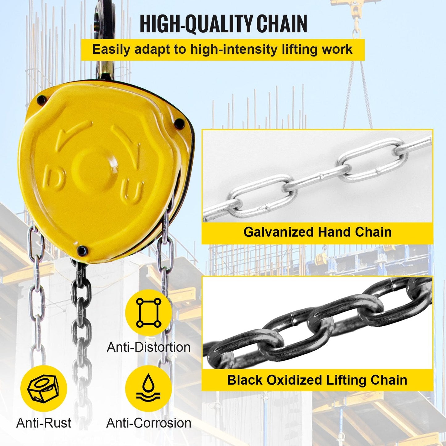 Manual Chain Hoist, 0.5 Ton Capacity, 3m Lift Height, Yellow, 360° Rotation