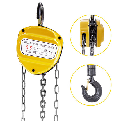 Manual Chain Hoist, 0.5 Ton Capacity, 3m Lift Height, Yellow, 360° Rotation