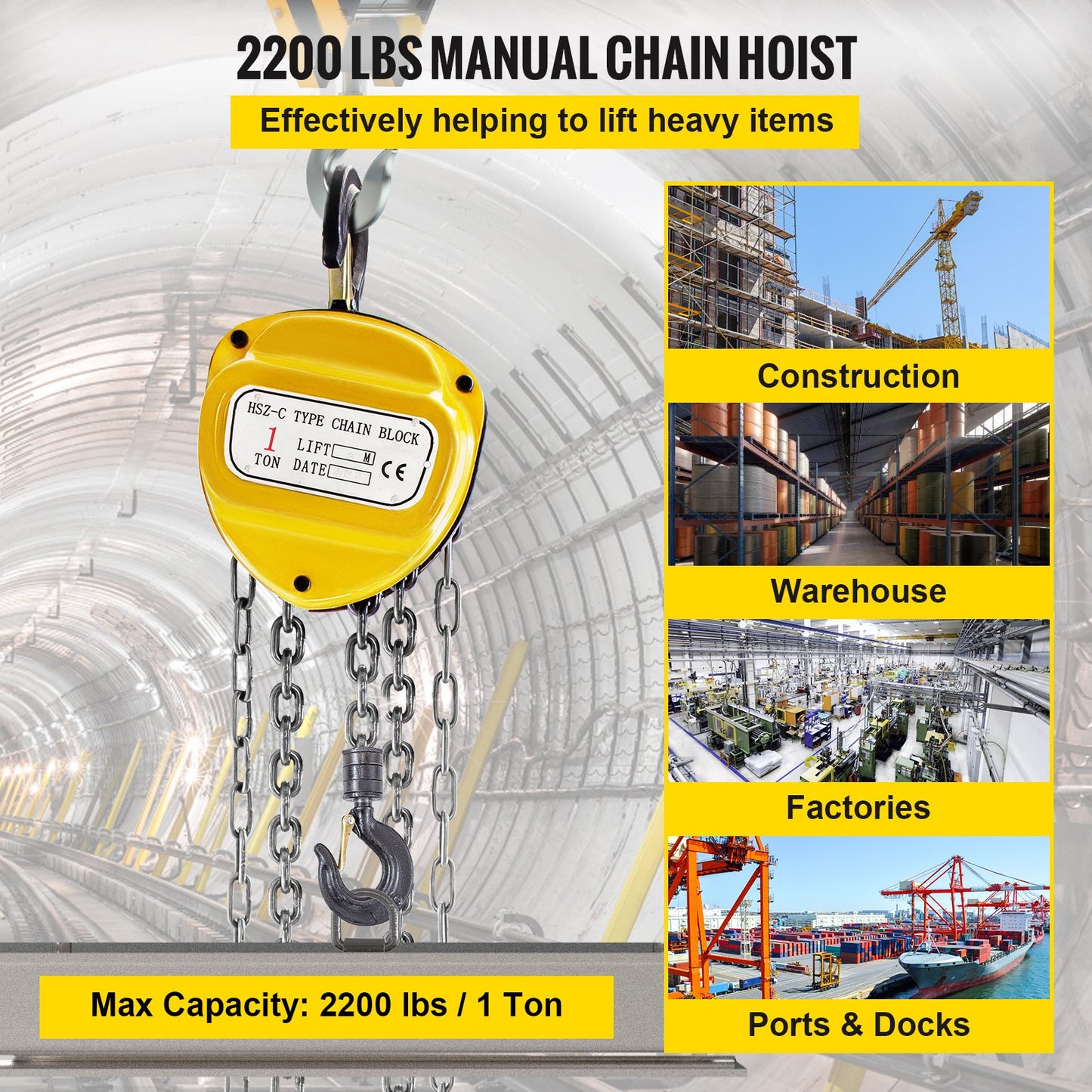 VEVOR Chain Hoist 2200lbs/1ton Chain Block Hoist Manual Chain Hoist 3m/10ft Block