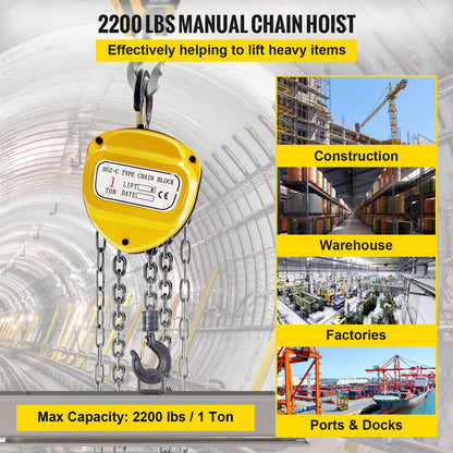 VEVOR Chain Hoist 2200lbs/1ton Chain Block Hoist Manual Chain Hoist 3m/10ft Block