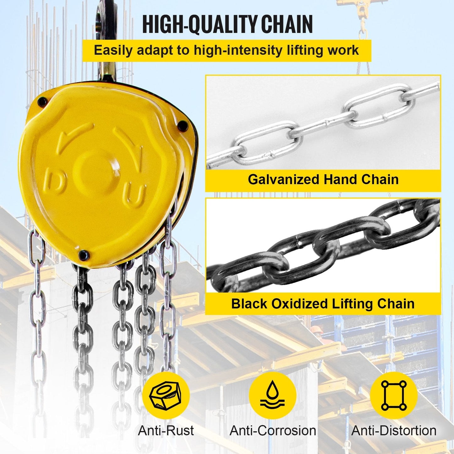 Manual 1-Ton Chain Hoist with 3m Lifting Chain, Heavy-Duty Pulley System