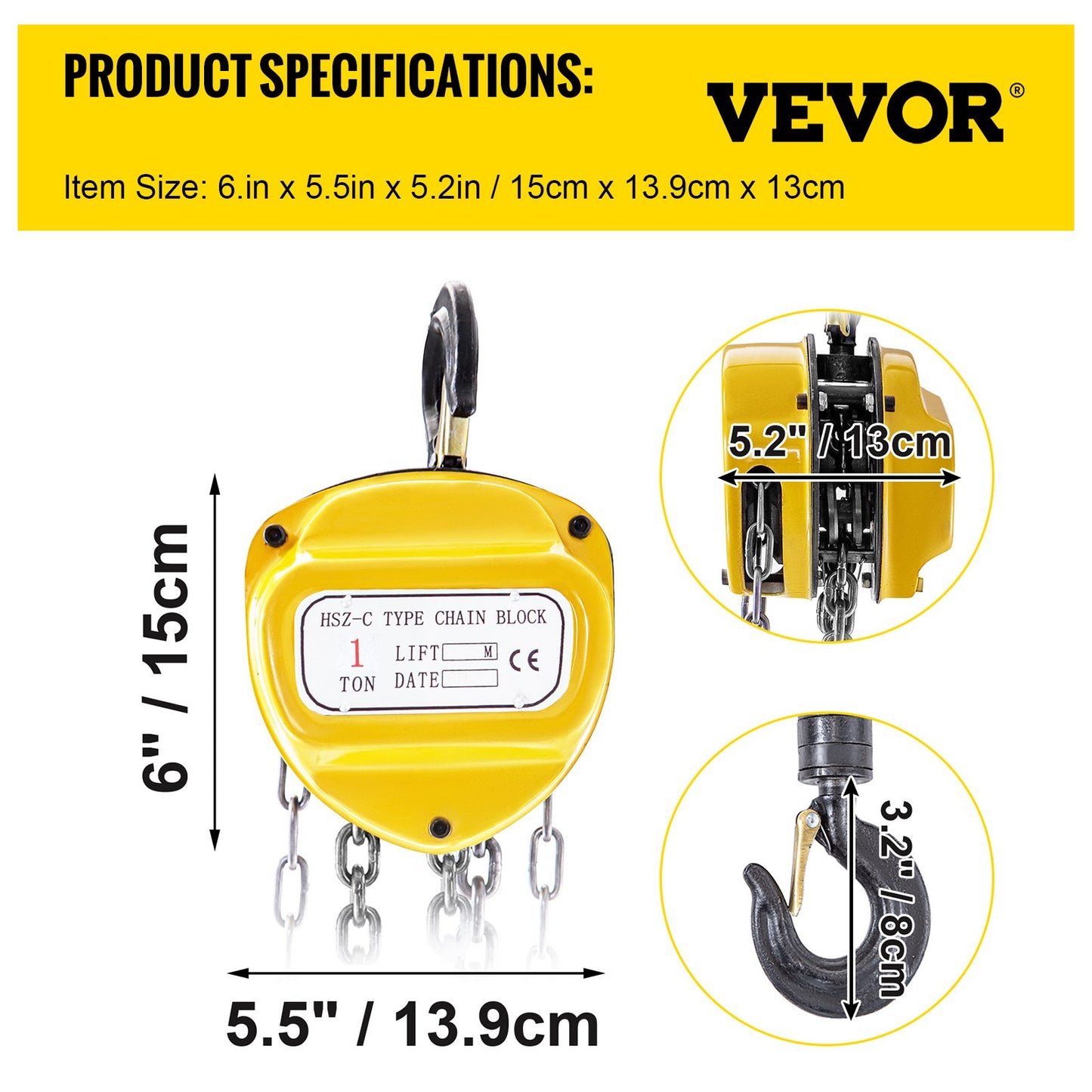 VEVOR Chain Hoist 2200lbs/1ton Chain Block Hoist Manual Chain Hoist 3m/10ft Block