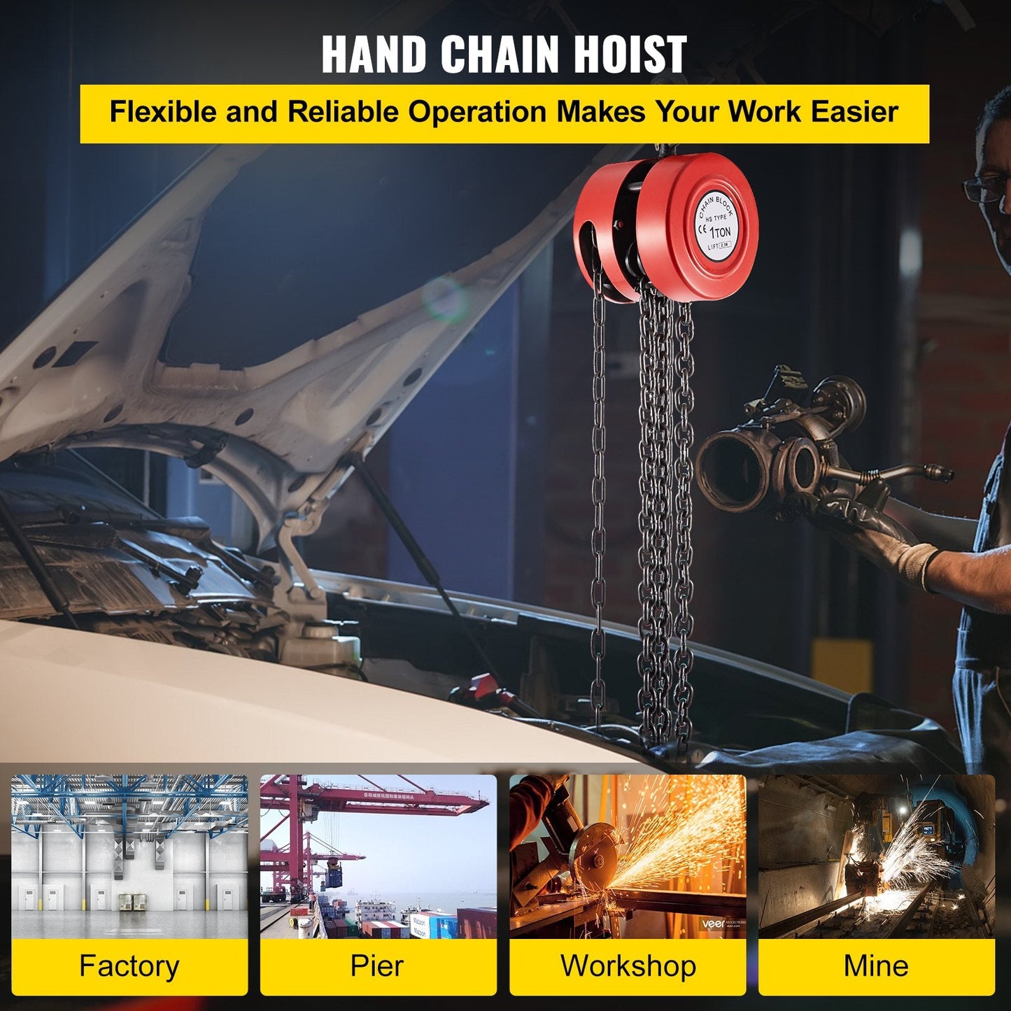 Steel Chain Hoist, 1 Ton Capacity, 2.5 m Lift, Durable Red Construction