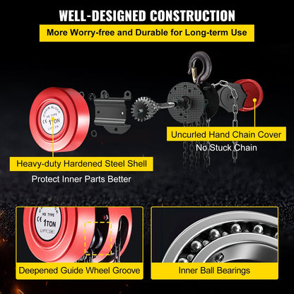 Steel Chain Hoist, 1 Ton Capacity, 2.5 m Lift, Durable Red Construction