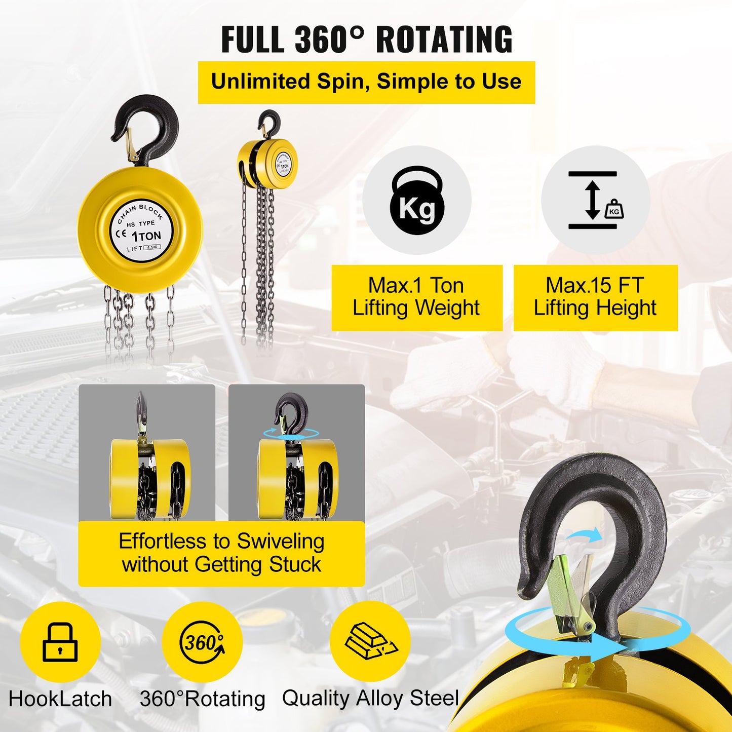 VEVOR Chain Hoist Chain Block 1 T Capacity 4.5 M Lift Steel Construction Yellow
