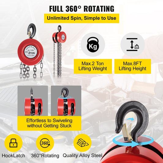 2 Ton Steel Chain Hoist, 2.5 Meter Lift, Red, Durable & Secure Design