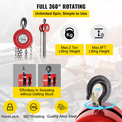VEVOR Chain Hoist Chain Block 2 Ton Capacity 2.5 M Lift Steel Construction Red