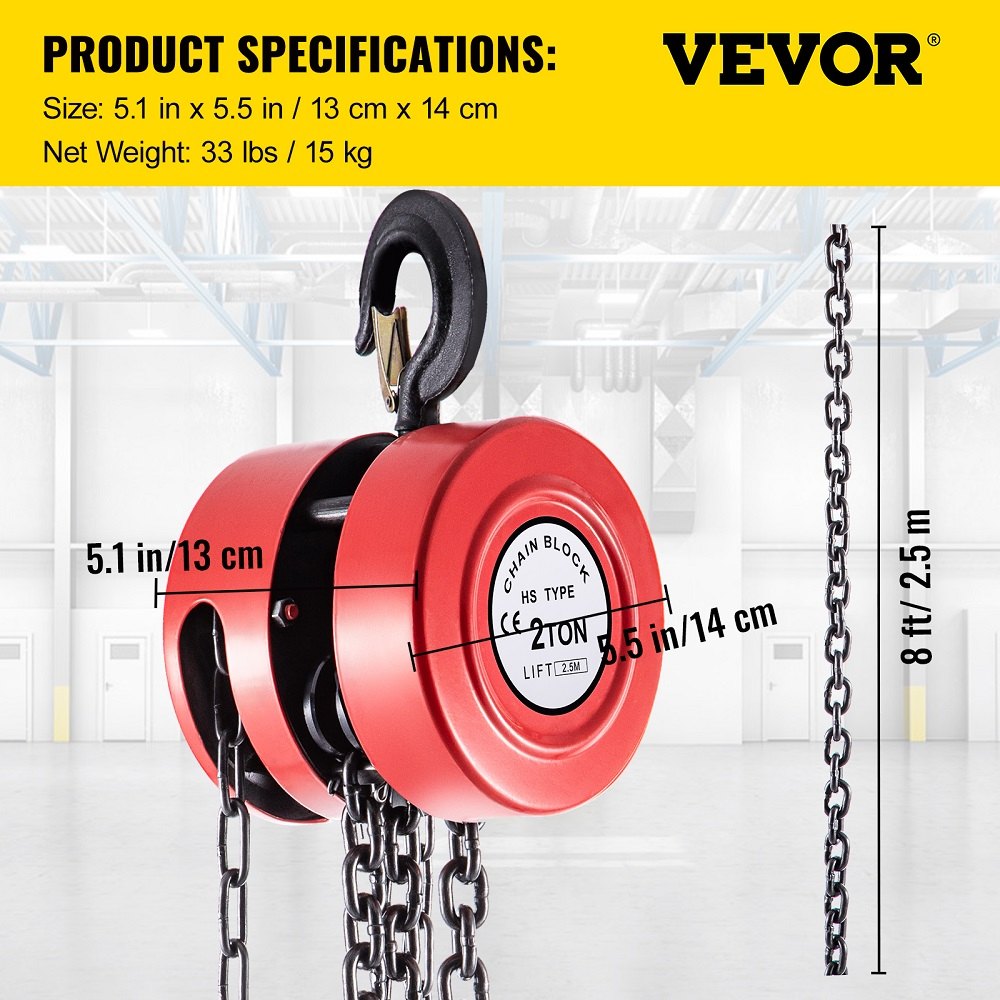 2 Ton Steel Chain Hoist, 2.5 Meter Lift, Red, Durable & Secure Design