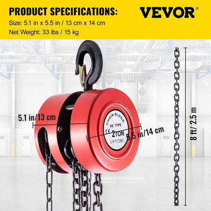 2 Ton Steel Chain Hoist, 2.5 Meter Lift, Red, Durable & Secure Design