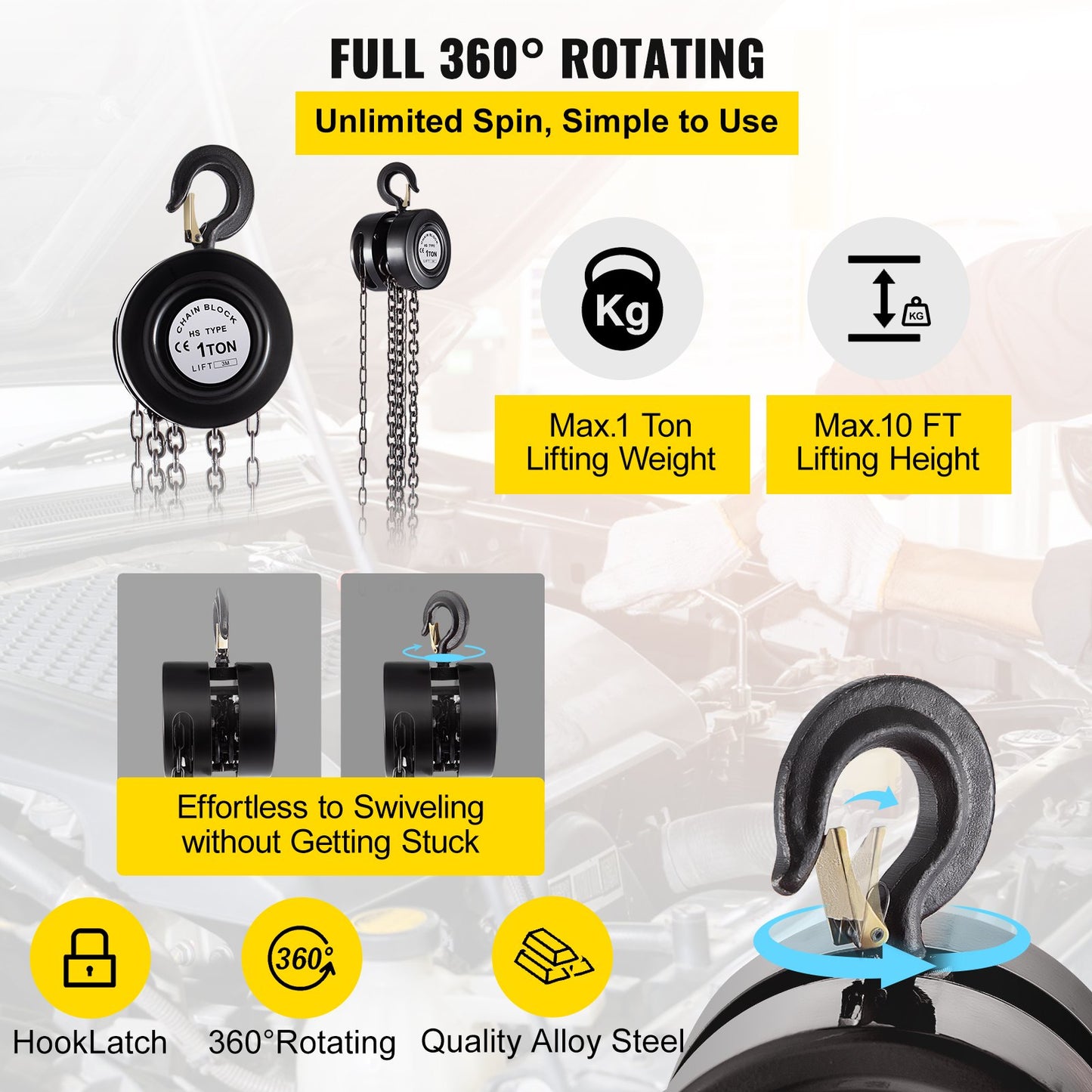 VEVOR Hand Chain Hoist, 2200 lbs /1 Ton Capacity Chain Block, 10ft/3m Lift Manual