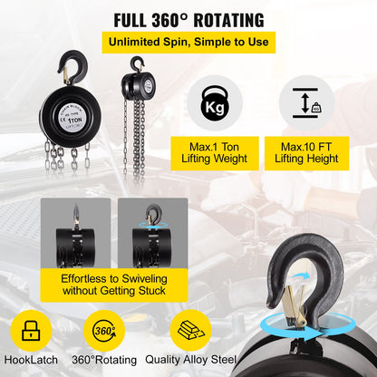 VEVOR Hand Chain Hoist, 2200 lbs /1 Ton Capacity Chain Block, 10ft/3m Lift Manual