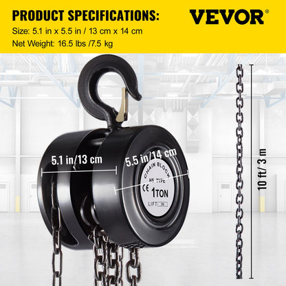 VEVOR Hand Chain Hoist, 2200 lbs /1 Ton Capacity Chain Block, 10ft/3m Lift Manual