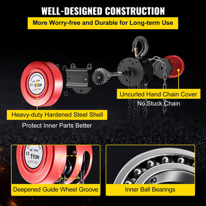 1 Ton Chain Hoist Block, 3 m Lift, Steel, Red, High-Quality and Durable Design