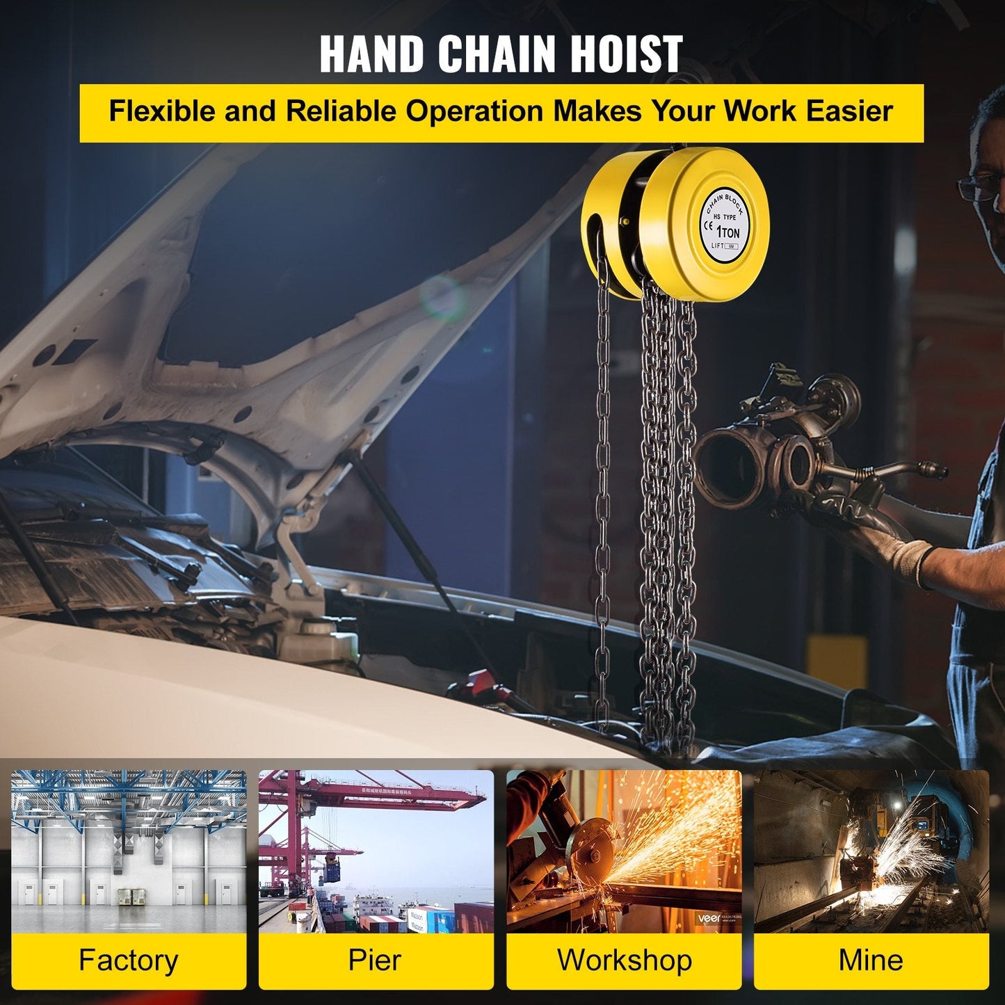 1 Ton Capacity Chain Hoist with 6 m Lift, Steel Construction, Yellow