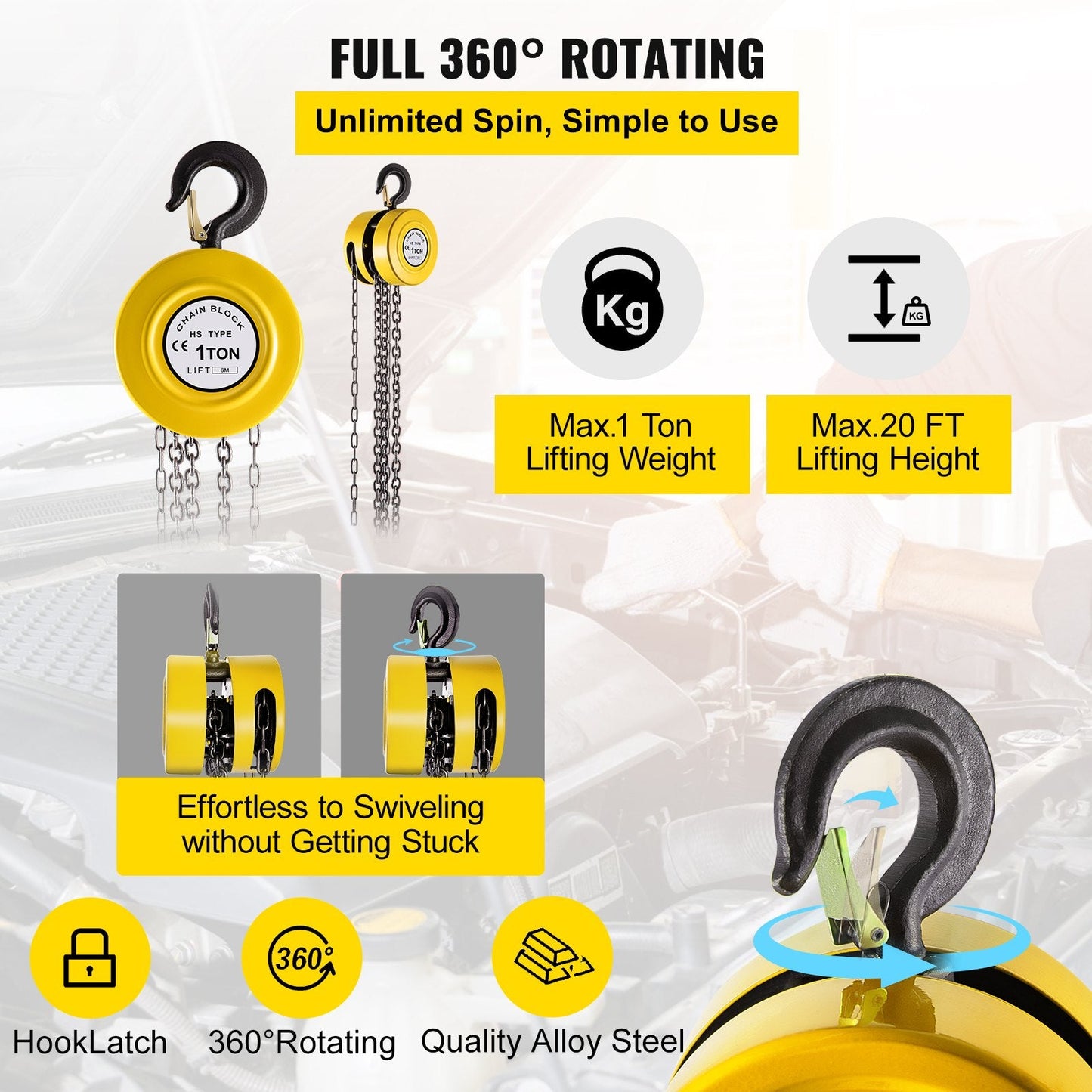 1 Ton Capacity Chain Hoist with 6 m Lift, Steel Construction, Yellow