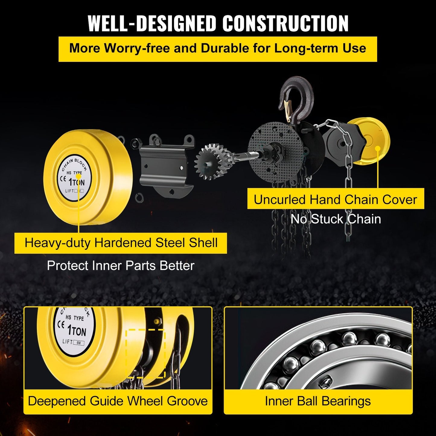 1 Ton Capacity Chain Hoist with 6 m Lift, Steel Construction, Yellow