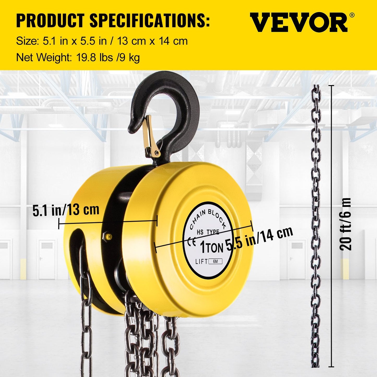 1 Ton Capacity Chain Hoist with 6 m Lift, Steel Construction, Yellow