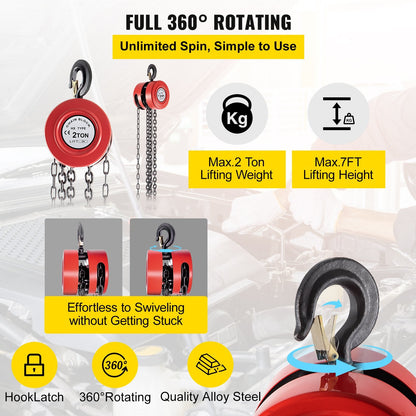 2 Ton Chain Hoist, 2 Meter Lift, Steel, Red - Durable & Reliable Construction