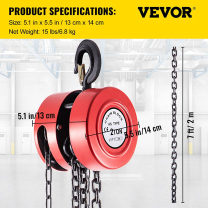 2 Ton Chain Hoist, 2 Meter Lift, Steel, Red - Durable & Reliable Construction