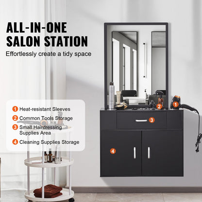 Wall-Mounted Salon Station with Mirror and Storage, Matte Black, 75x30x140 cm