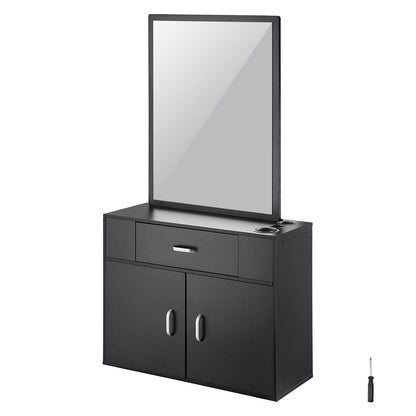 Wall-Mounted Salon Station with Mirror and Storage, Matte Black, 75x30x140 cm
