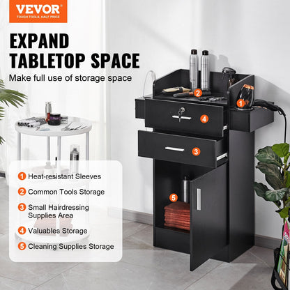 Black Salon Storage Cabinet with Lockable Drawers and Heat-Resistant Sleeves