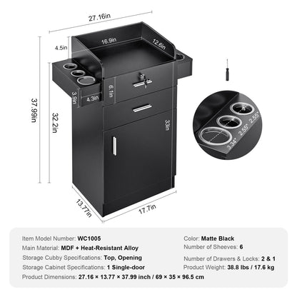 Black Salon Storage Cabinet with Lockable Drawers and Heat-Resistant Sleeves