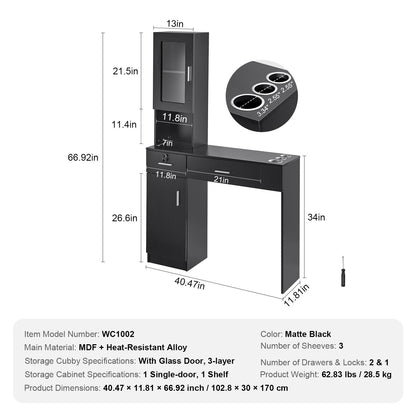 Wall-Mounted Salon Station with Storage and Lockable Drawers, Matte Black