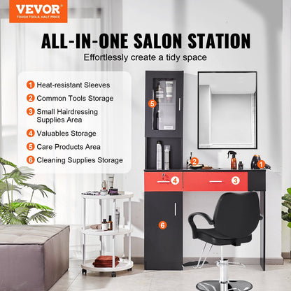Wall-Mounted Salon Station with Storage, Lockable Drawers, Black/Red, 170 cm