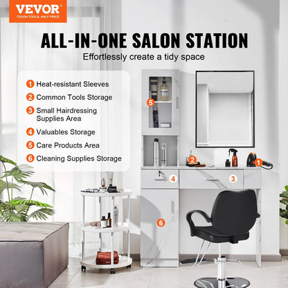 Wall Mount Salon Station with Storage Cabinet and Lockable Drawers, White