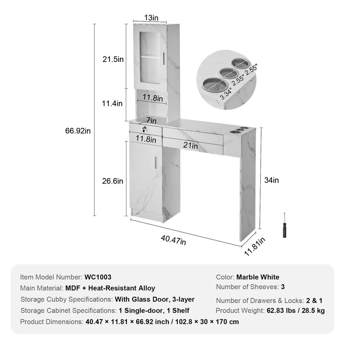 Wall Mount Salon Station with Storage Cabinet and Lockable Drawers, White