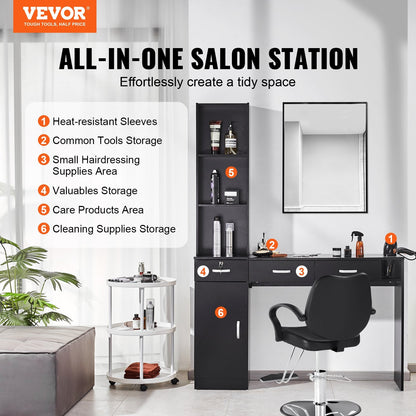 Wall-Mounted Barber Station with Storage, Black Matte Finish, 129x33x177 cm